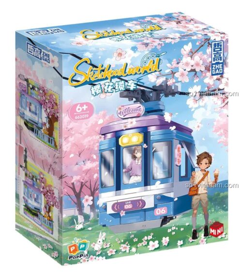 Hộp sản phẩm ZHEGAO 662019 Vòng quay cảnh hoa anh đào bộ lắp ghép, 755 mảnh, độ tuổi 6+, màu hồng tím vàng xanh dương trắng, phù hợp bé gái, mô hình cảnh quan Nhật Bản, kích thước hộp 25x20x8cm