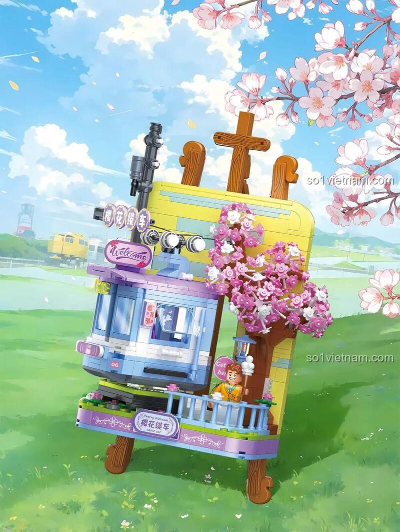 Mô hình lắp ráp Vòng quay cảnh hoa anh đào ZHEGAO 662019, 755 mảnh, độ tuổi 6+, màu hồng tím vàng xanh dương trắng, phù hợp bé gái, mô hình cảnh quan Nhật Bản, kích thước mô hình 18x13x17cm