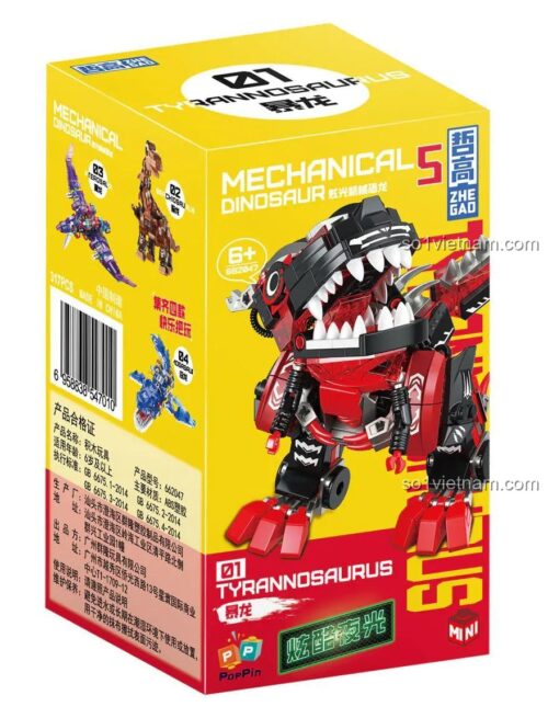 Mô hình khủng long lắp ráp ZHEGAO 662047 Tyrannosaurus Rex màu đỏ, có đèn LED, kích thích sáng tạo cho bé trai 6 tuổi