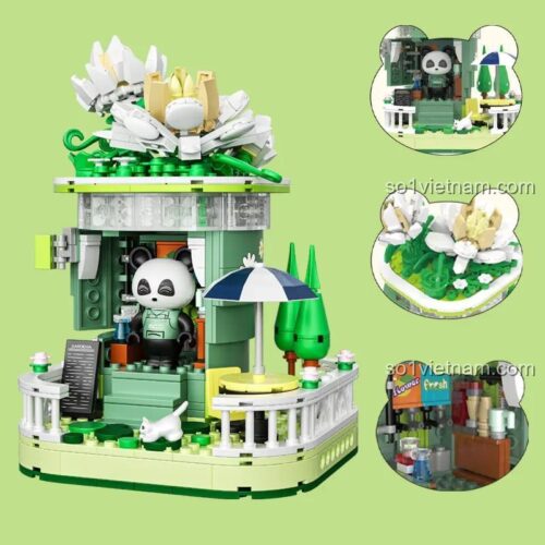Mô hình lắp ghép Cửa hàng hoa Gấu Trúc hoàn chỉnh với chú gấu trúc và hoa dành dành, đồ chơi lắp ghép ZHEGAO 663012-1.