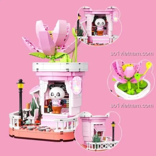 Mô hình đồ chơi mô hình Hoa Sen ZHEGAO 6630124 với gấu trúc dễ thương, thể hiện các chi tiết của cửa hàng hoa, phù hợp con gái 14 tuổi.