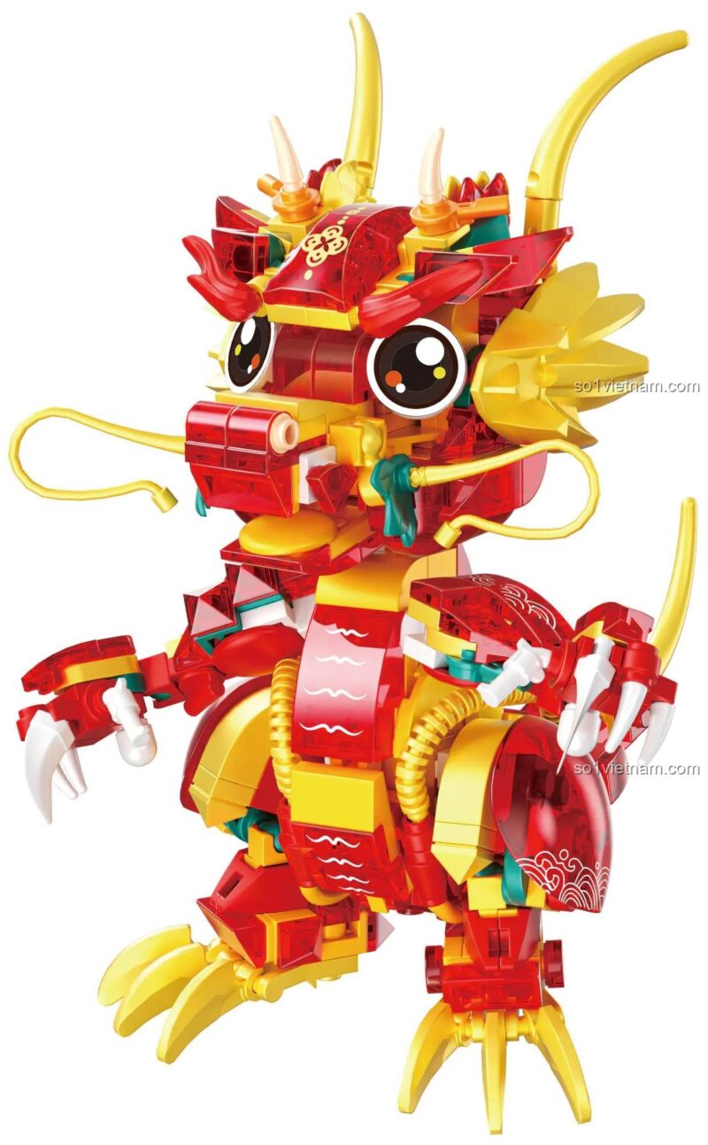 Mô hình Rồng Thần Lucky Loong từ bộ lắp ghép ZHEGAO 663503 Thần Thú Kế Hoạch, đồ chơi xếp hình cho bé 6 tuổi, chi tiết cao, màu đỏ vàng