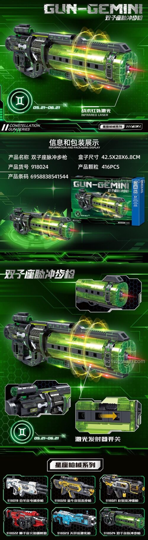 đồ chơi lắp ráp Súng trường xung khoa học viễn tưởng Zhegao 918024 với tính năng đèn LED laser, thiết kế cung hoàng đạo, 416 mảnh ghép, cho bé trai 6 tuổi, giá rẻ