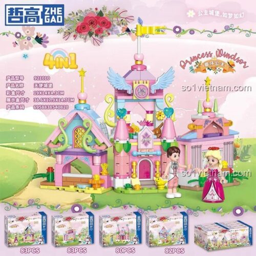 Hộp sản phẩm bộ lắp ghép ZHEGAO 921010 Lâu đài Thiên thần, có 2 minifigure, 328 mảnh, kích thước hộp 19x14x4.3cm, phù hợp cho bé gái 6 tuổi, đồ chơi giáo dục, phát triển trí tuệ.