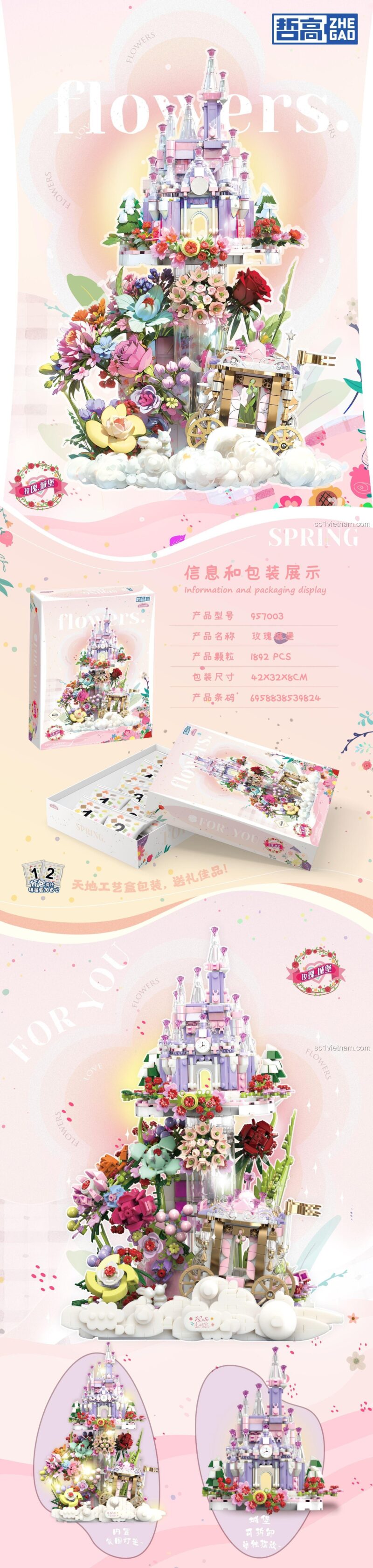 Thông tin chi tiết bộ lắp ghép ZHEGAO 957003 Lâu Đài Hoa Hồng, 1892 mảnh ghép, đồ chơi xây dựng Lâu Đài Mộng Mơ, giá trị cao cho bé gái 6 tuổi.