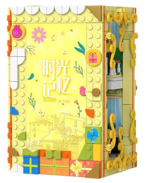 Ảnh bìa của bộ lắp ghép Chặn sách Book Nook ZHEGAO 958001, mô phỏng một cuốn sách màu vàng với tựa đề Ký Ức Thời Gian, phù hợp cho bé gái 6 tuổi.