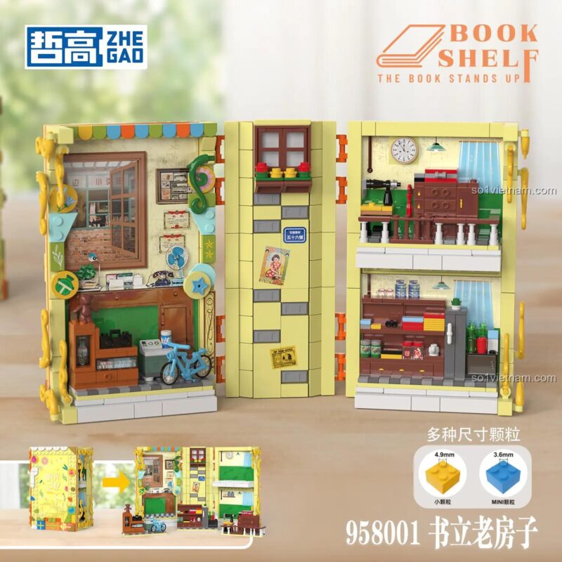 Mô hình Chặn sách Book Nook ZHEGAO 958001 được đặt trên bàn làm việc, tạo điểm nhấn trang trí độc đáo và sáng tạo.