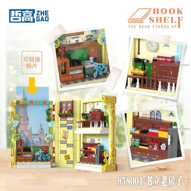 Chi tiết bên trong của bộ xếp hình Diorama ngôi nhà xưa 958001, mô hình được mở ra thể hiện không gian nội thất ấm cúng.
