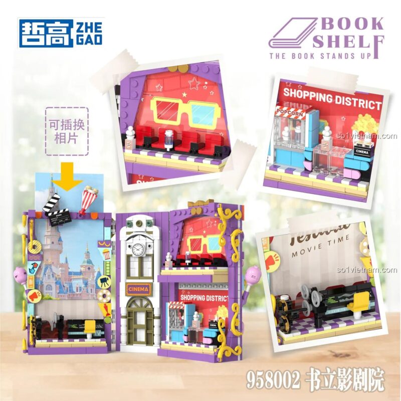 Chi tiết bên trong đồ chơi mô hình ZHEGAO 958002 Hộp sách trang trí điện ảnh, có thể thay đổi phông nền.