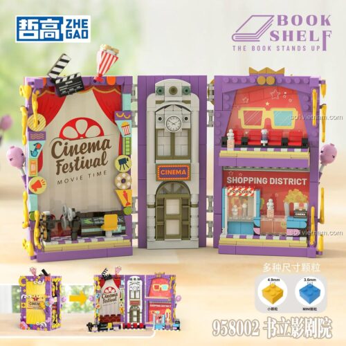 Mô hình ZHEGAO 958002 Book Nook Rạp phim khi đóng lại và mở ra, bộ xếp hình 929 mảnh mini block giá rẻ.