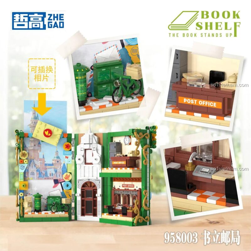 Chi tiết nội thất của sách mô hình Bưu điện ZHEGAO 958003, đồ chơi xây dựng độc đáo cho giá sách.