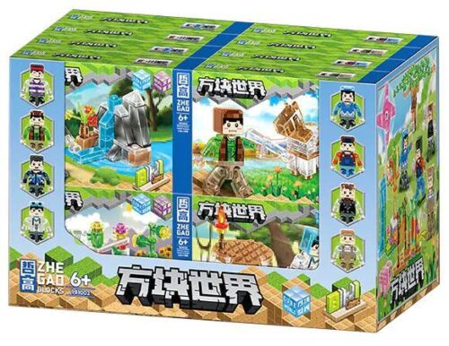 Hộp sản phẩm bộ lắp ghép ZHEGAO 981002 Thế Giới Khối Vuông chủ đề Minecraft, lắp được 8 kiểu, dành cho con trai 6 tuổi.
