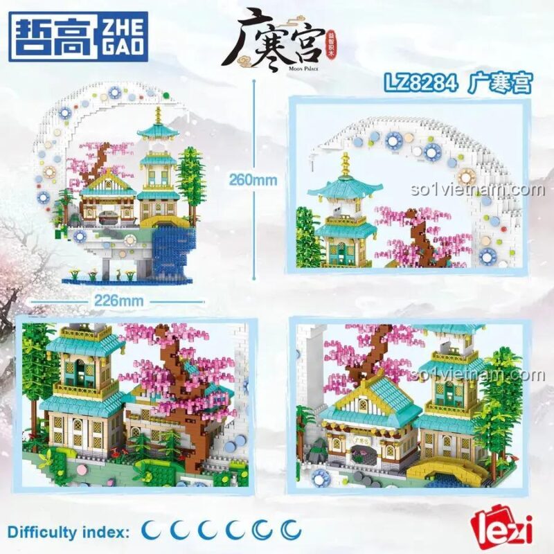 Kích thước và các góc nhìn của đồ chơi mô hình Cung điện của Hằng Nga ZHEGAO LZ8284, chất lượng cao cấp.
