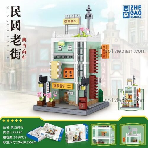 Mô hình Tiệm cầm đồ Phố Dân Quốc sau khi lắp ráp từ bộ ZHEGAO LZ8290, 909 chi tiết