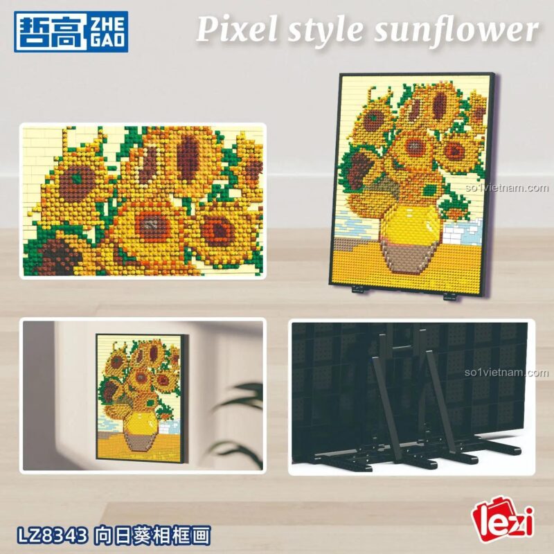 Tranh Ghép Pixel Hoa Hướng Dương ZHEGAO LZ8343, Mô hình hoa hướng dương pixel, Tranh ghép mosaic, Tranh ghép nghệ thuật, Tranh ghép trang trí, Đồ chơi xếp hình 3504 mảnh