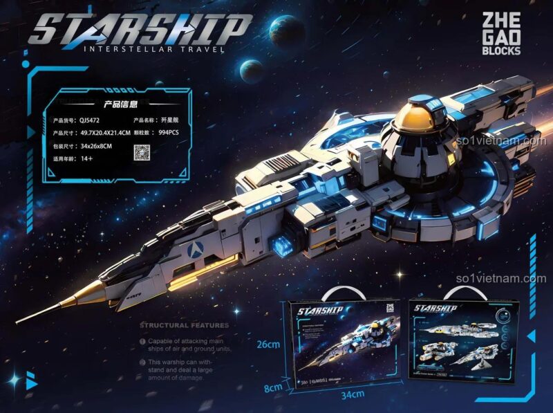 Thông số kỹ thuật và kích thước của Tàu chiến không gian Starship ZHEGAO, một bộ đồ chơi lắp ráp ấn tượng.