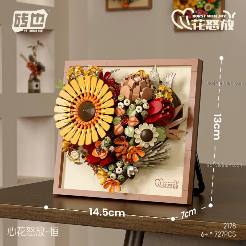 Kích thước mô hình hoa hướng dương Zhuanye 2178, dài 14.5cm, cao 13cm, rộng 7cm, phù hợp trang trí.