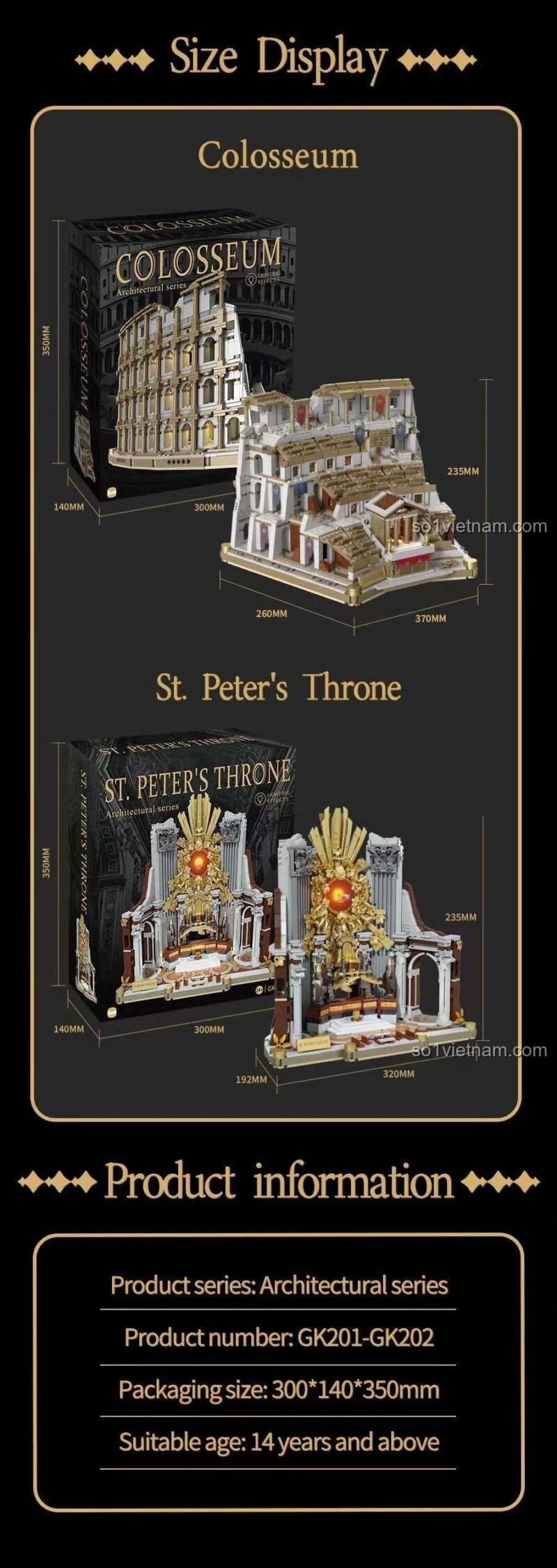 Thông số sản phẩm của bộ lắp ghép Mô hình kiến trúc Vatican Zoin GK202, bao gồm kích thước và độ tuổi phù hợp.
