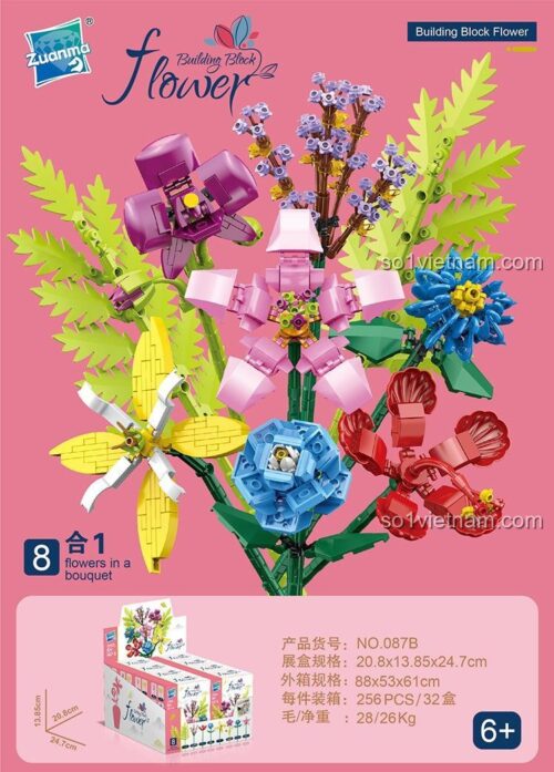 Hộp bộ lắp ghép Hoa lắp ráp Zuanma 087B, 8 kiểu hoa trong 1 bó, đồ chơi cho bé gái 6 tuổi, giá tiết kiệm