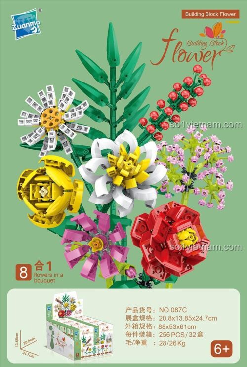 Hộp sản phẩm bộ lắp ghép Bó Hoa Lắp Ráp Zuanma 087C, đồ chơi mô hình hoa xếp hình cho bé gái 6 tuổi, giá tốt.