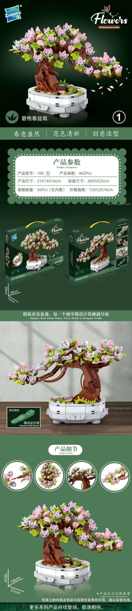 Bộ lắp ghép Cây Bonsai Hoa Đào Zuanma 100-1 chi tiết tinh xảo, thể hiện kích thước mô hình, đồ chơi mô hình cho bé gái 6 tuổi.