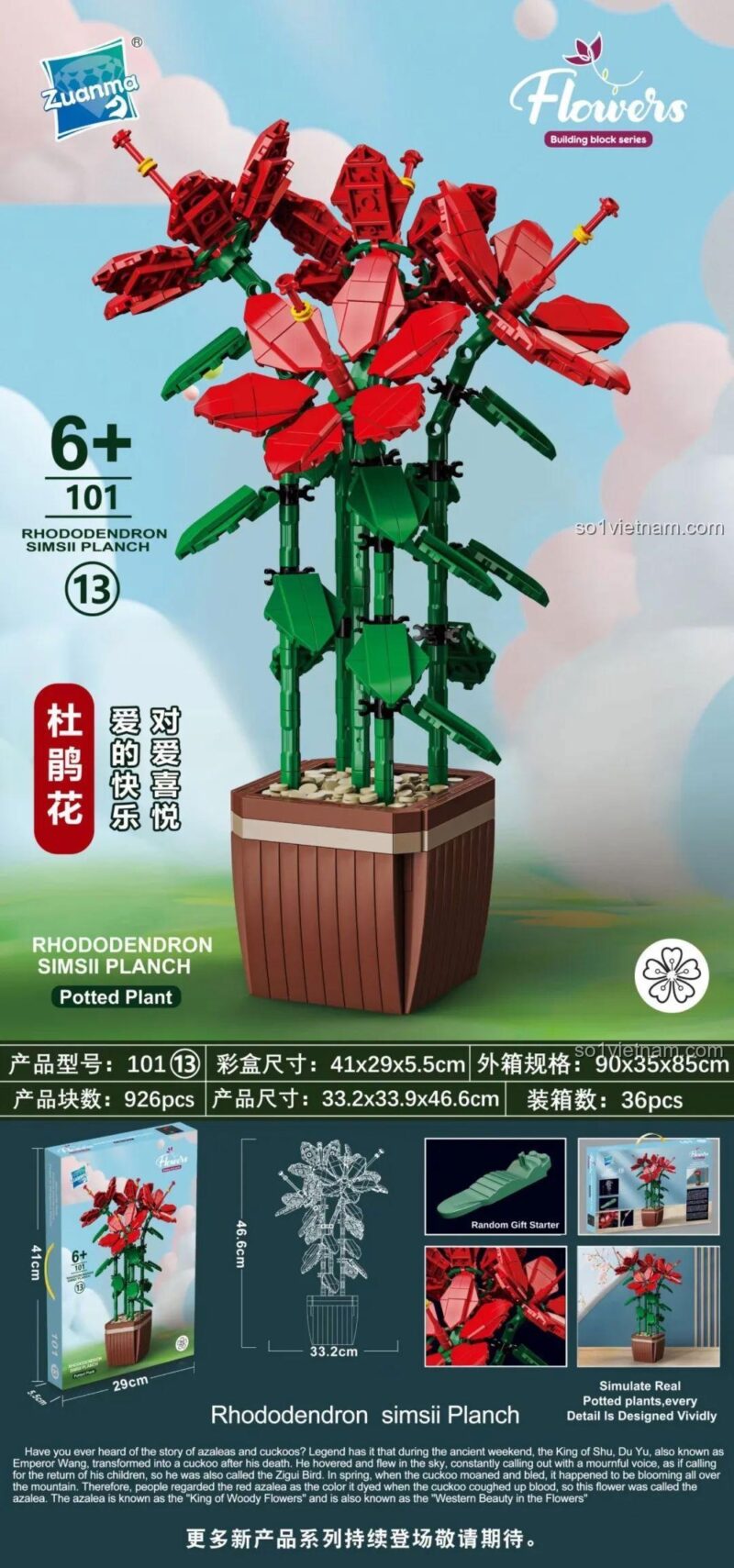 Mô hình Chậu hoa Đỗ Quyên Zuanma 101-13 sau khi lắp ráp, với 926 mảnh ghép tinh xảo, cao 46.6cm, phù hợp cho bé gái 6 tuổi