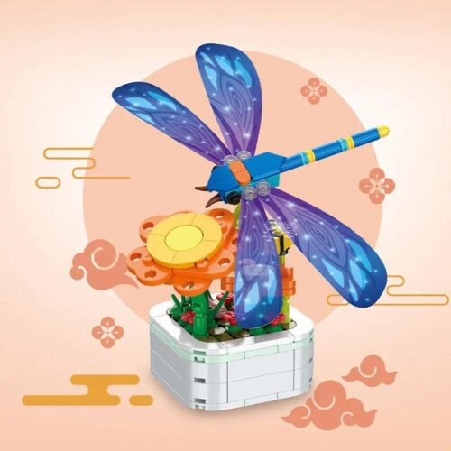 Zuanma 103-F5 Bộ đồ chơi chậu cây chuồn chuồn, mô hình chuồn chuồn và hoa, đồ chơi lắp ghép cho bé 6 tuổi, màu xanh tím vàng cam, 214 chi tiết