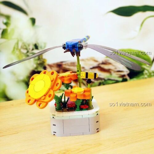 Zuanma 103-F5 Bộ đồ chơi chậu cây chuồn chuồn, mô hình chuồn chuồn và hoa, đồ chơi lắp ghép cho bé 6 tuổi, màu xanh tím vàng cam, 214 chi tiết