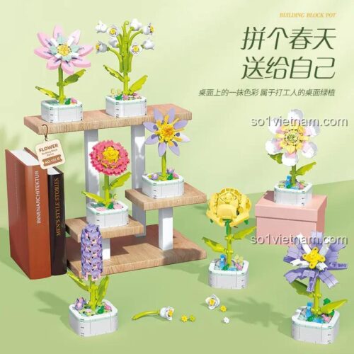 Đồ chơi mô hình hoa Zuanma 103B, 8 mẫu hoa chậu trang trí bàn làm việc đẹp mắt, kích thích sáng tạo cho bé 6 tuổi