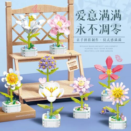 Bộ lắp ghép Hoa chậu Zuanma 103C trưng bày trên kệ, sắc hoa vĩnh cửu, đồ chơi lắp ghép cho con gái 6 tuổi, giá tốt.