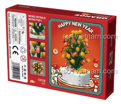 Mặt sau hộp bộ xếp hình Zuanma Mô hình Cây Tắc Chưng Tết 103E2, gồm 222 chi tiết, chất lượng cao, an toàn cho trẻ.