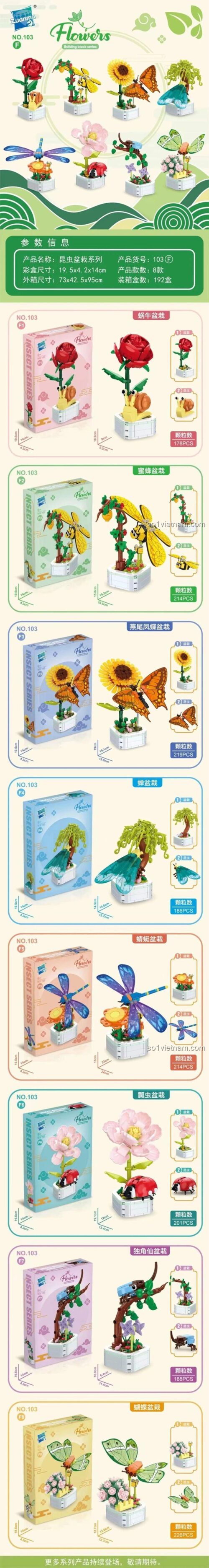 Chi tiết 8 mẫu đồ chơi mô hình Zuanma 103F Vườn Hoa Côn Trùng, bao gồm ốc sên, ong, bướm, ve sầu, chuồn chuồn, bọ rùa, bọ cánh cứng.
