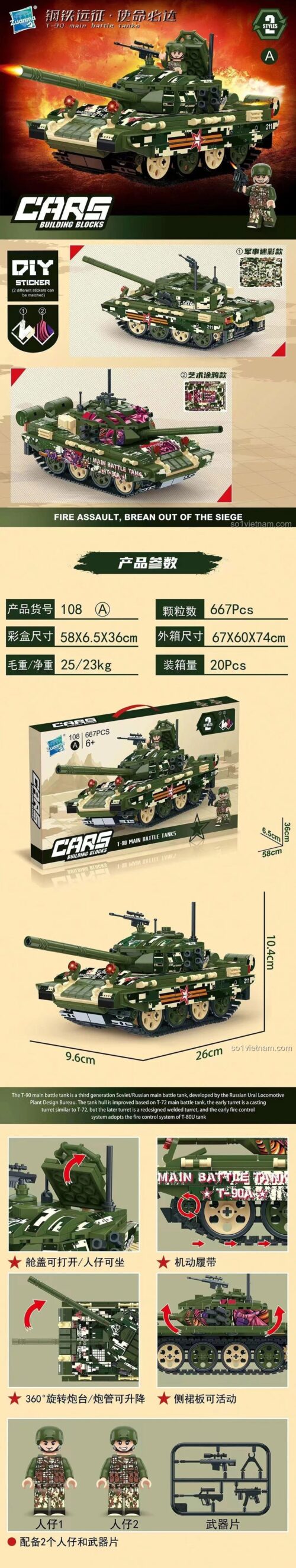 Bộ lắp ghép xe tăng chiến đấu chủ lực T-90 Zuanma 108A, mô hình xe tăng quân sự Nga, 667 chi tiết, có sticker, phù hợp cho bé trai 6 tuổi